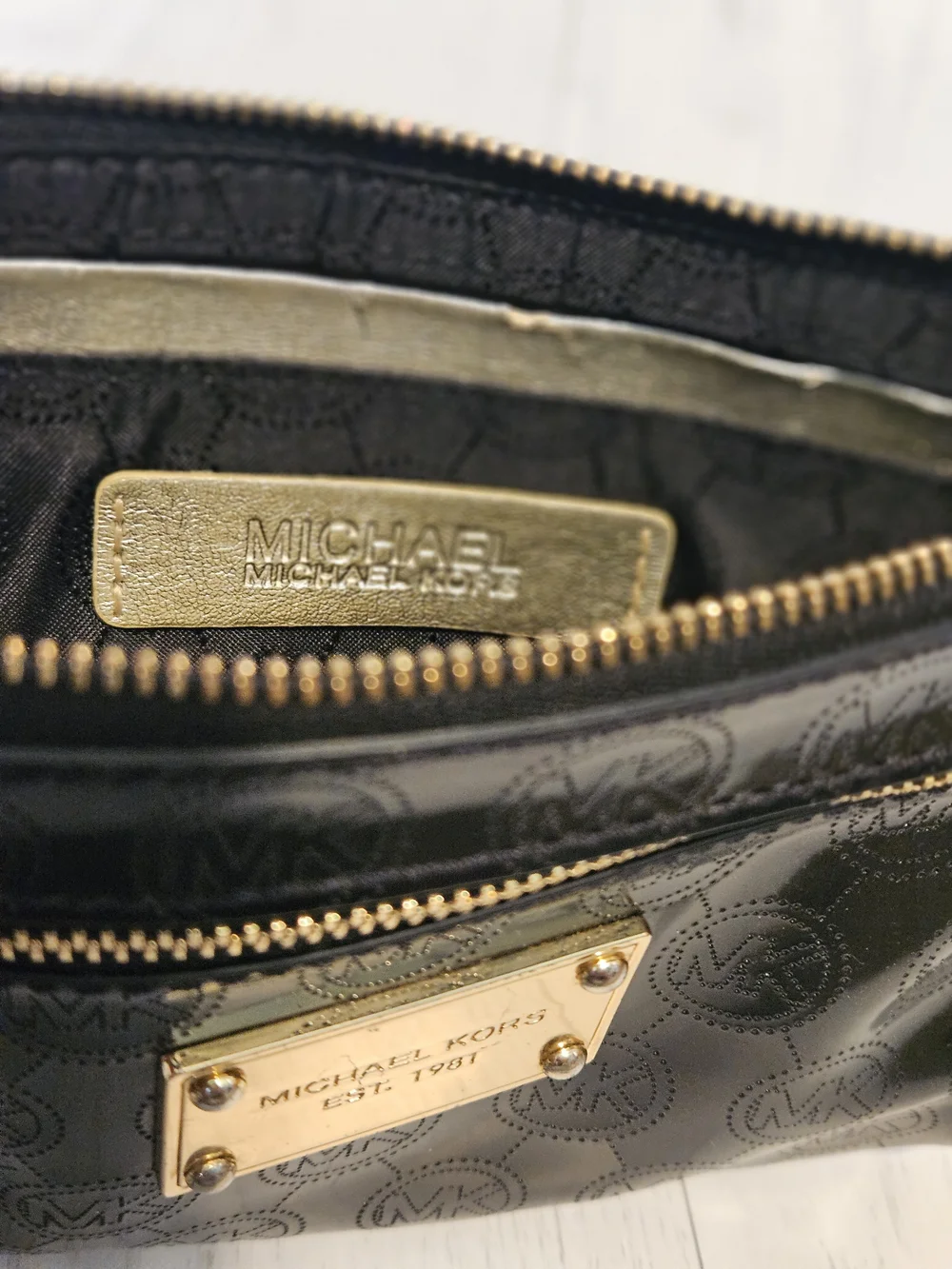 Michael Kors- Black Patent Logo Wristlet Clutch with Gold Hardware